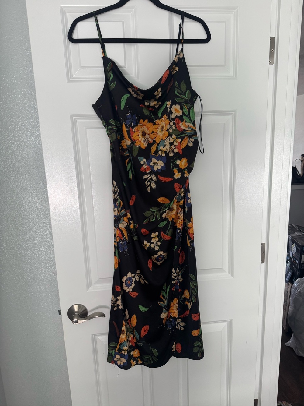 Floral Satin Slip Dress - Black with Multicolor Print